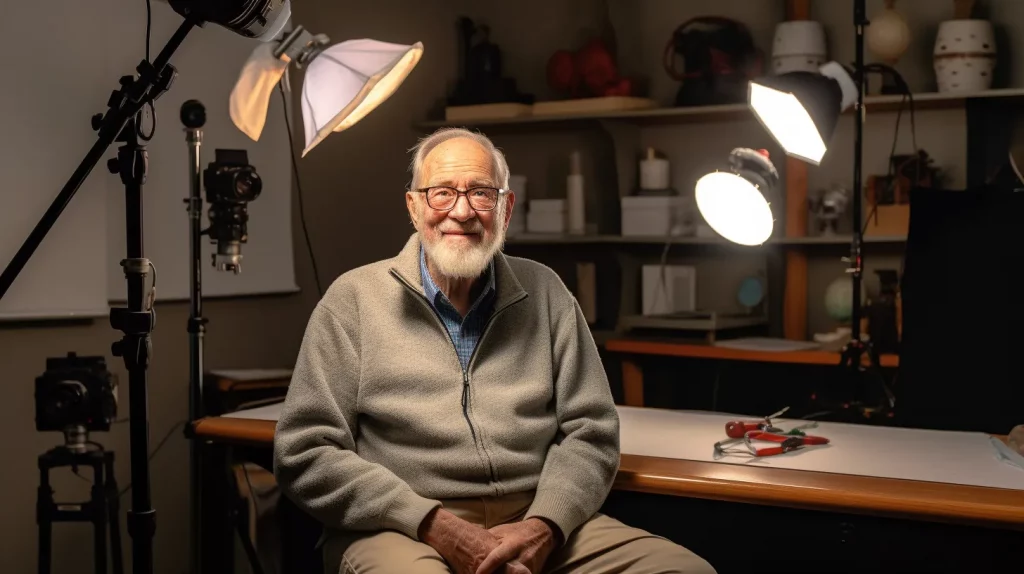 a man sitting at a desk with lights around him for a video diary