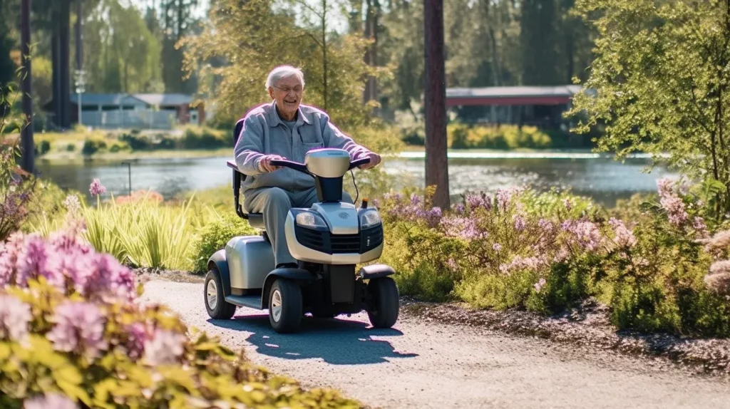 a man driving a mobility scooter on a path