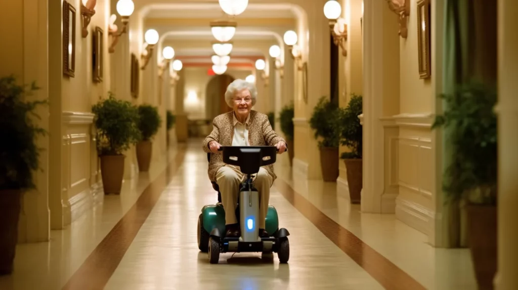 a woman riding a mobility scooter in a hallway