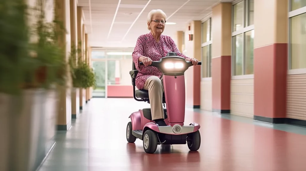 a woman riding a mobility scooter inside a building