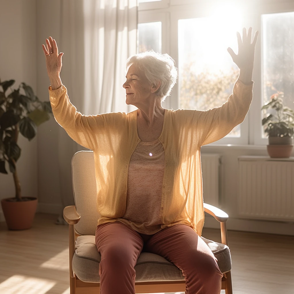 A senior woman in a chair with her arms raised in a yoga pose