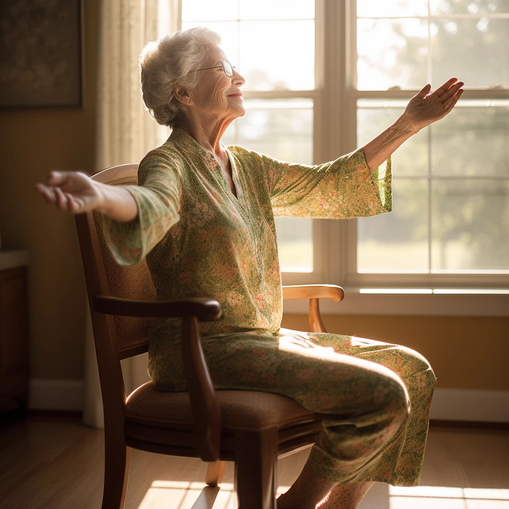 A senior woman in a chair with her arms outstretch in a yoga pose