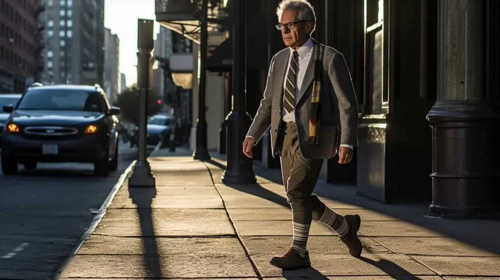 A design concept of compression socks worn by a senior gentleman on the sidewalk in a city.
