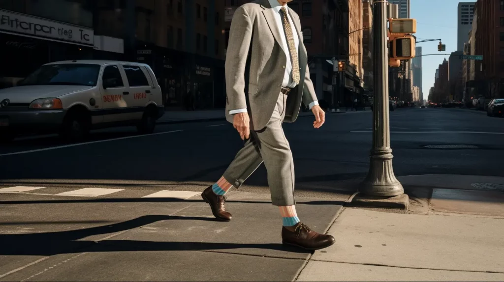 A design concept of compression socks worn by a senior gentleman on the crosswalk in a city.
