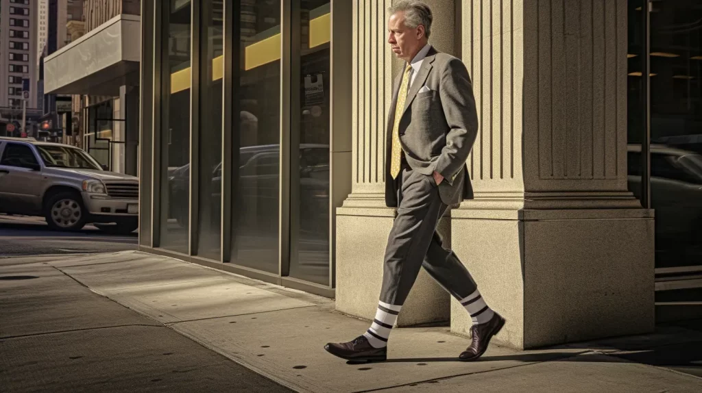 A design concept of compression socks worn by a senior gentleman infront of a building in a city.