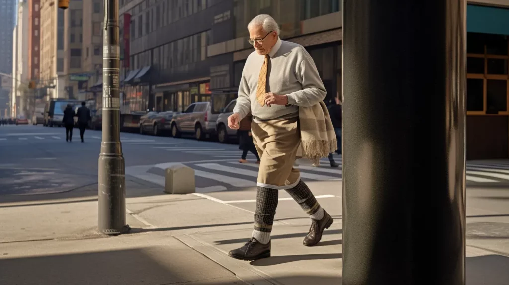 A design concept of compression socks worn by a senior gentleman stepping off a cross-walk in a city
