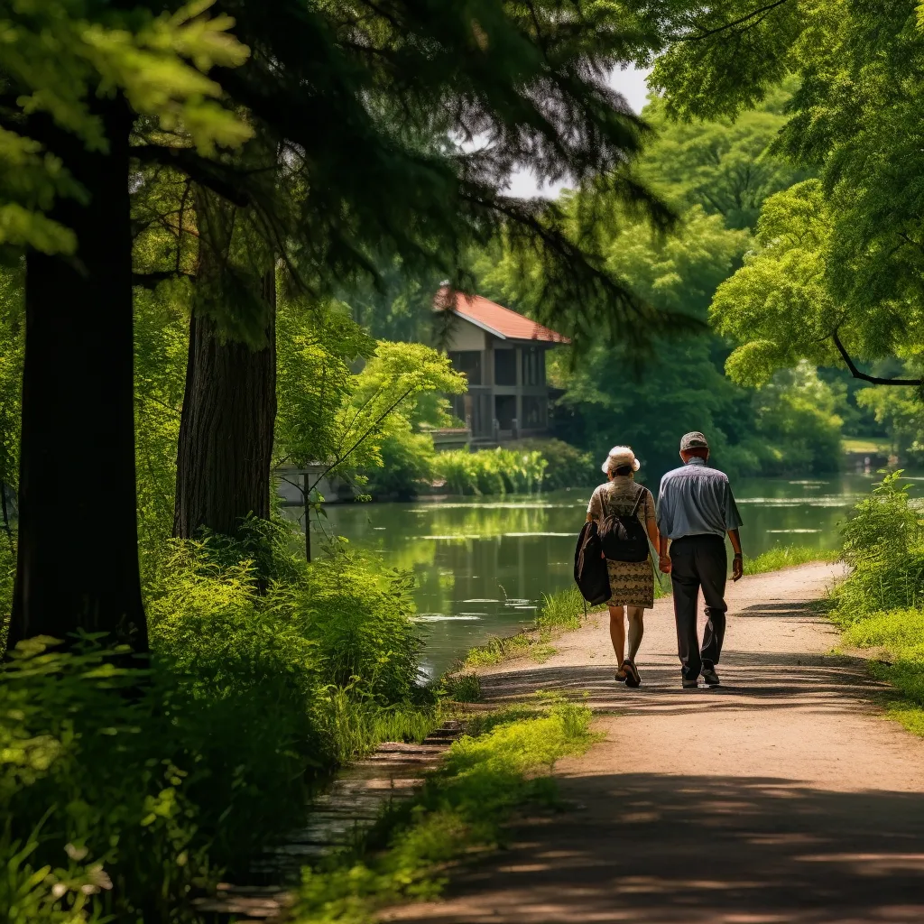 an elderly couple walking a path near a lake. the man has a smart watch.