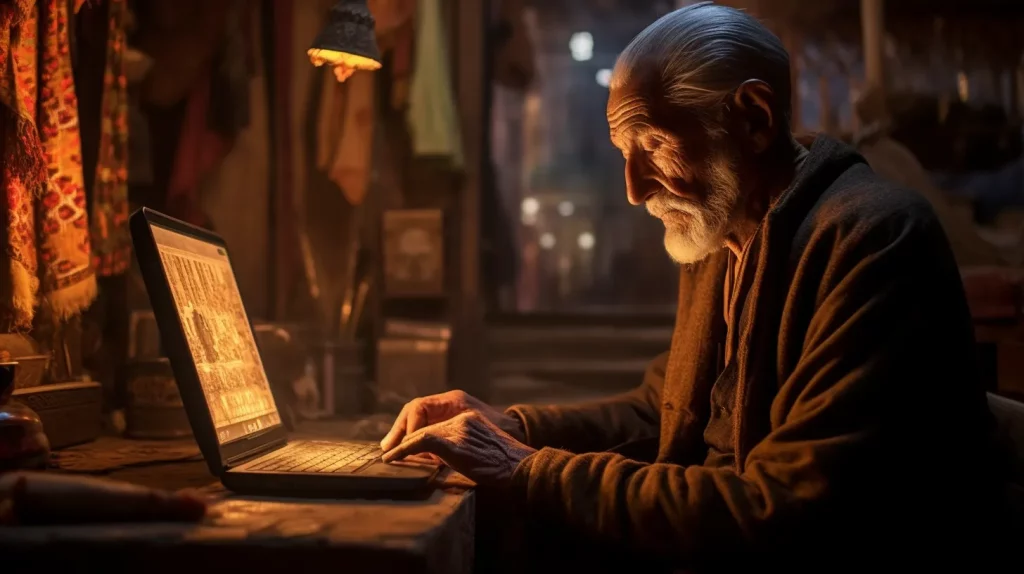 a senior citizen working on a laptop