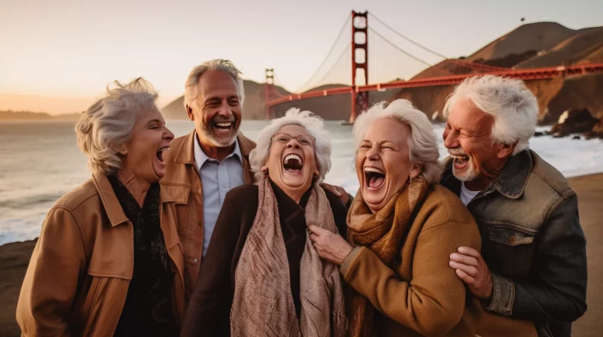 a group of senior citizens with the golden gate bridge in background