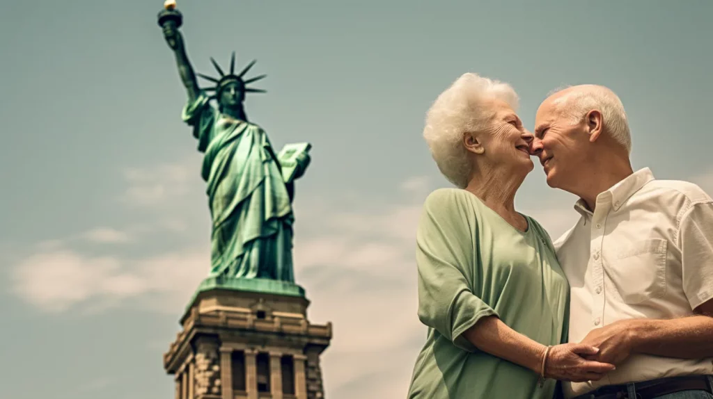 a senior couple standing in front of the Statue of Liberty 