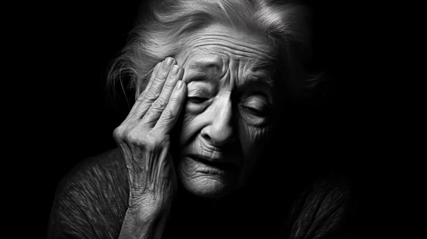 an old woman with a pained expression