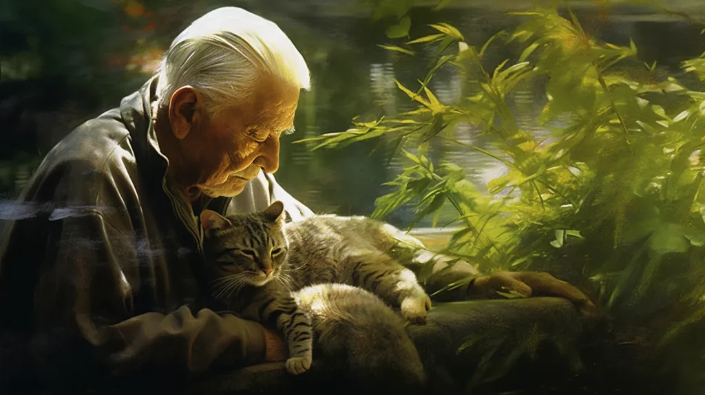 an eldery man and his cat
