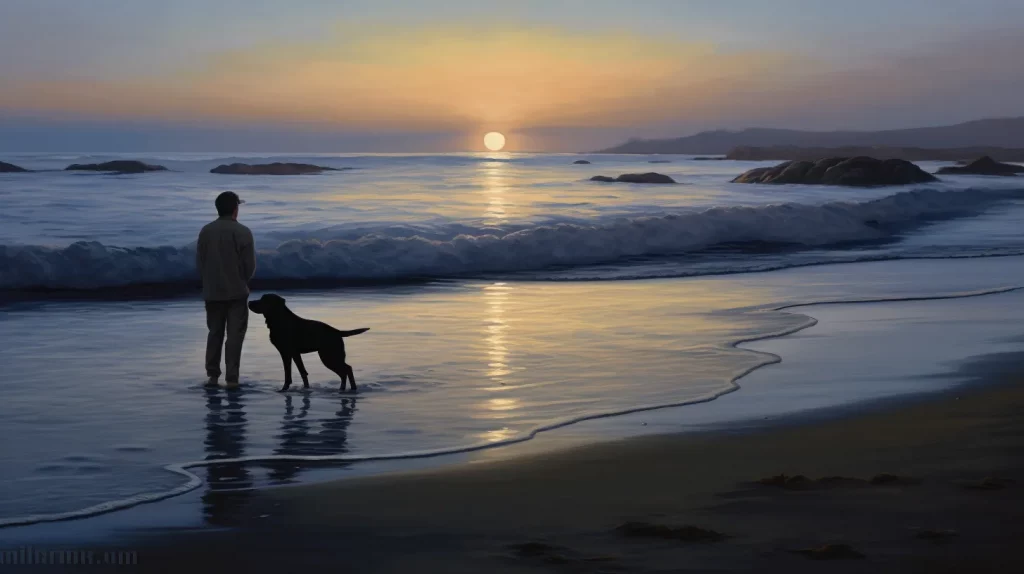 a senior citizen and their dog on the beach