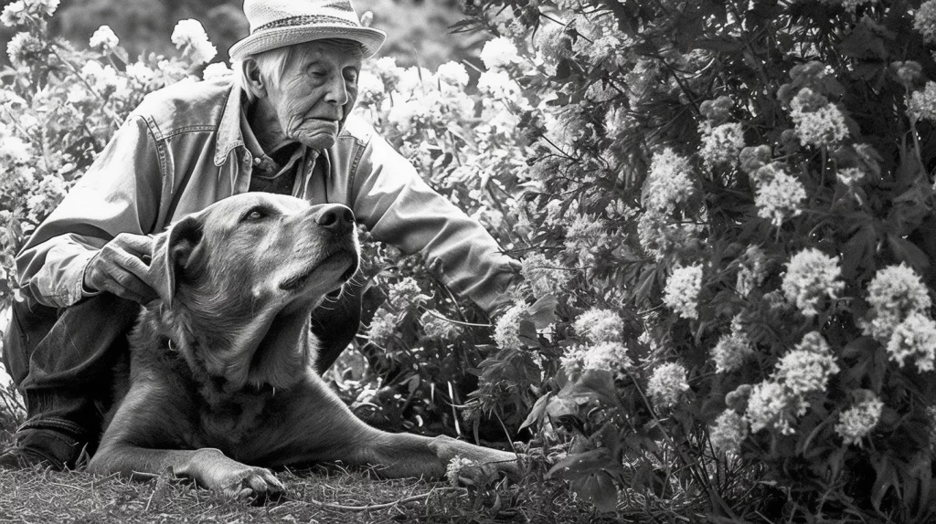 a senior citizen and their dog sitting in flowers