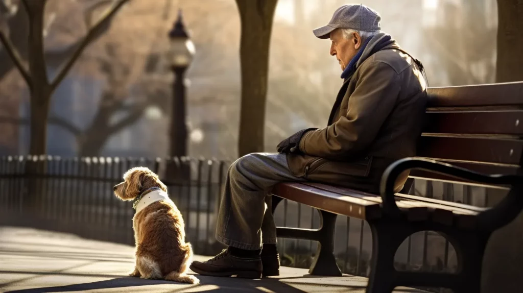 a senior citizen sitting on a bench and their dog