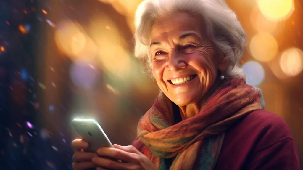 a smiling mature woman with a cellphone in her hands
