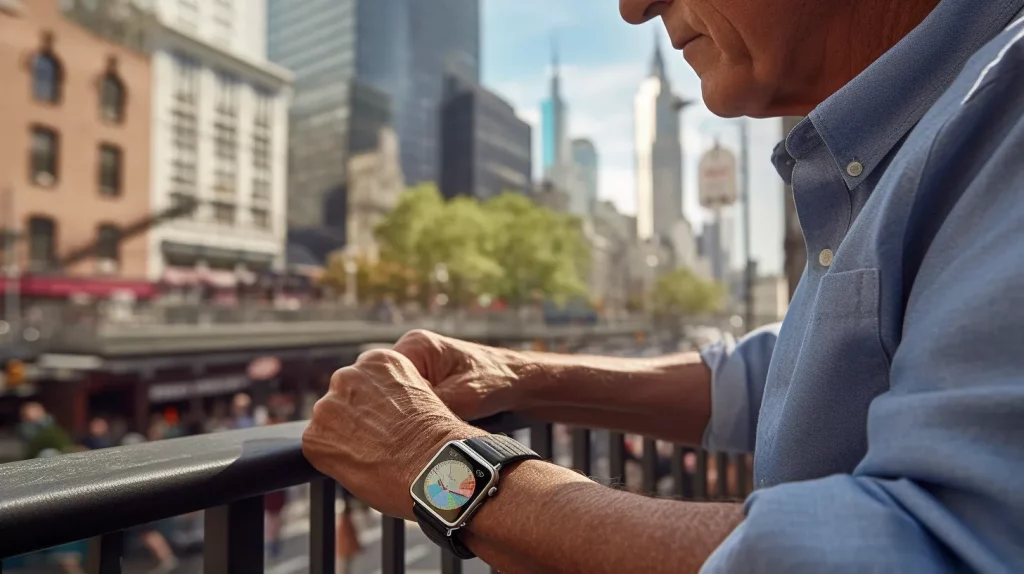 an elderly man with a smartwatch on