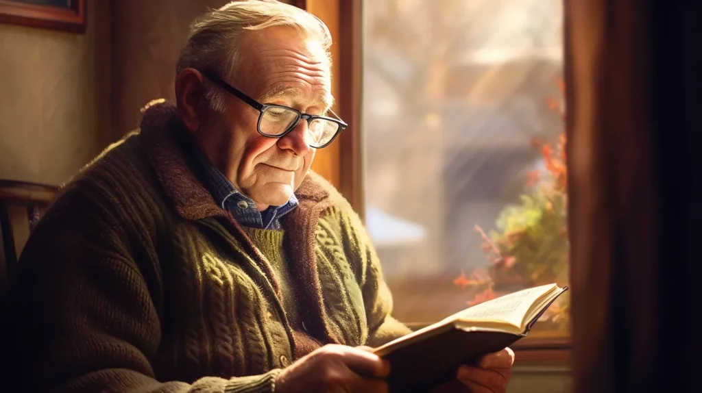 an elderly man reading a book by a window
