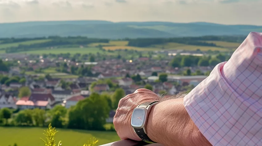 a older man's arm with a smartwatch on his wrist