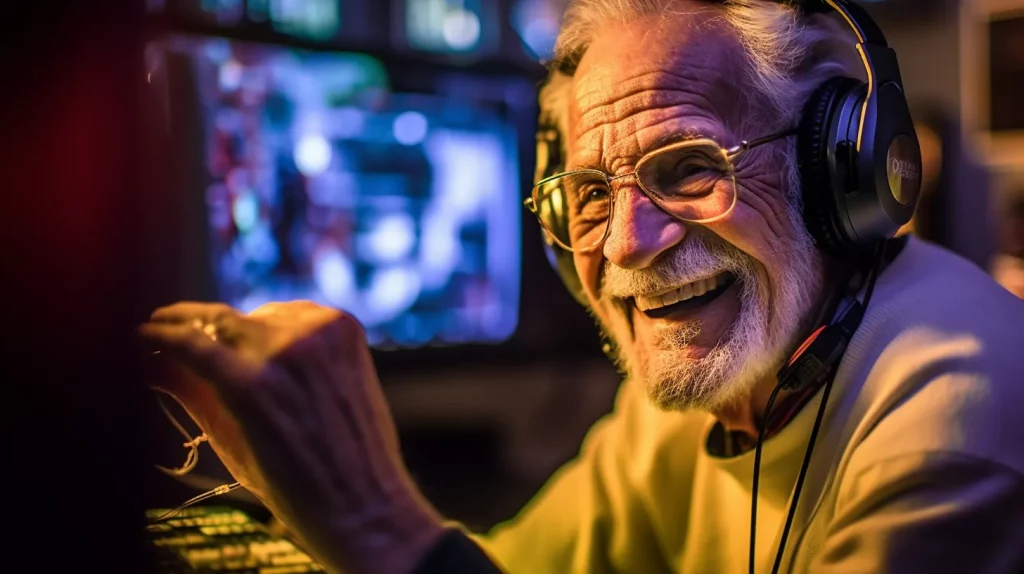 a senior man smiling as he plays a game