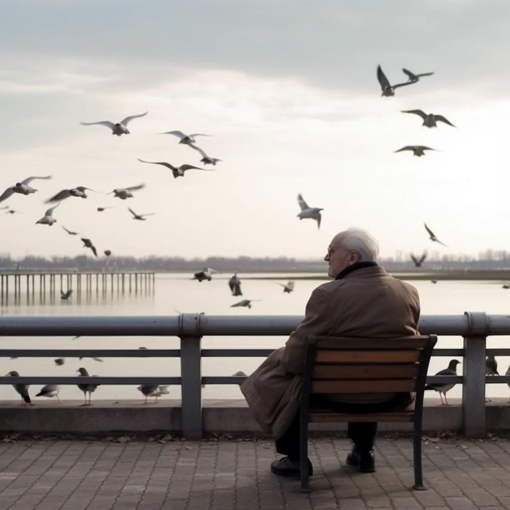 a man enjoying the birds on a bench