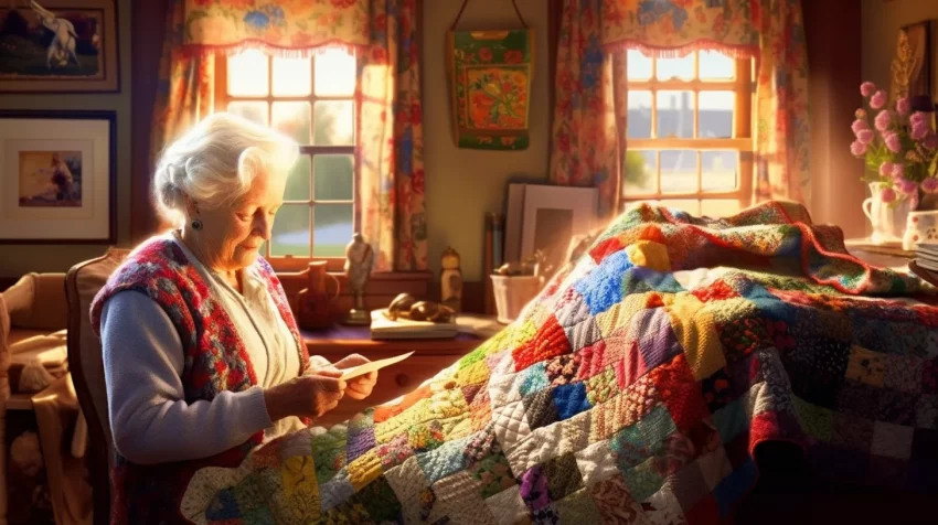A Senior woman working on a DIY quilt