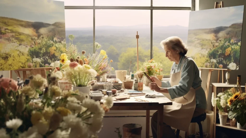 a woman trying art therapy surrounded by flowers