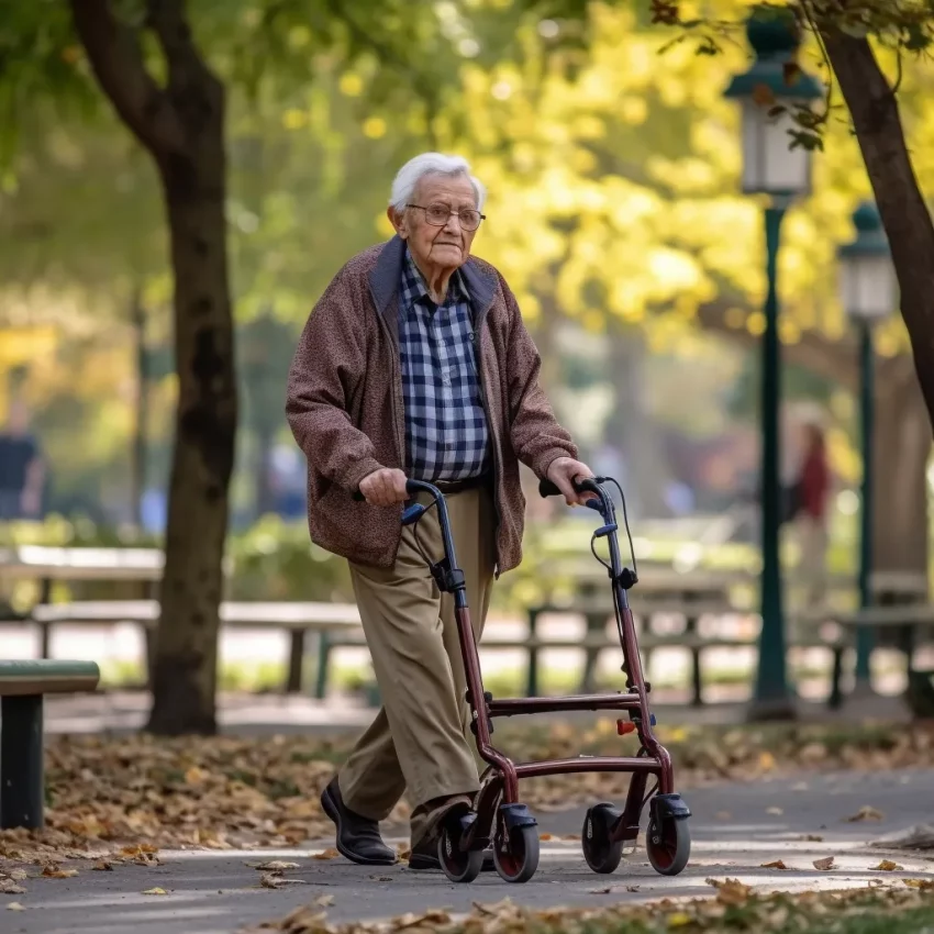 a senior in the park with a walker
