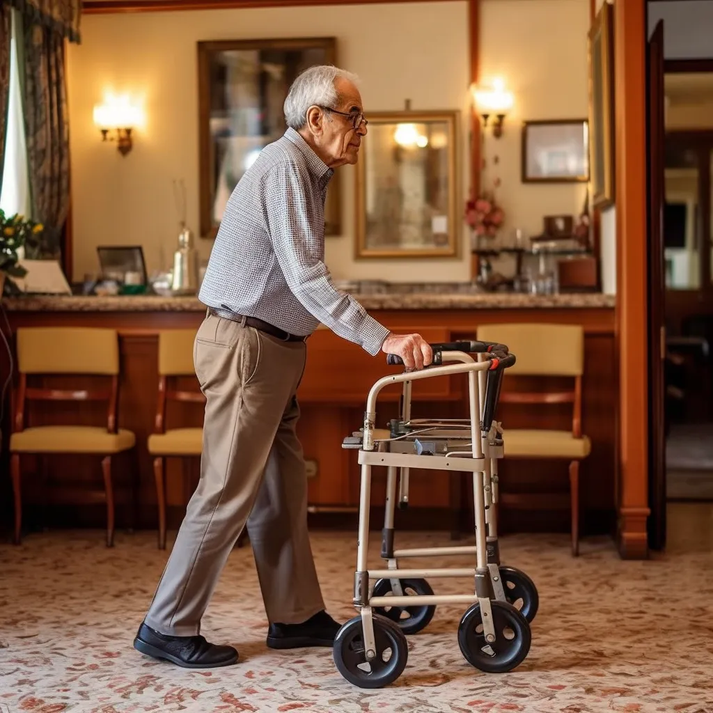 a senior walking through a retirement home with a walker