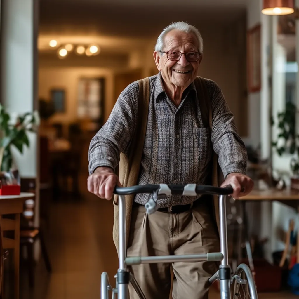 a smiling senior using a walker