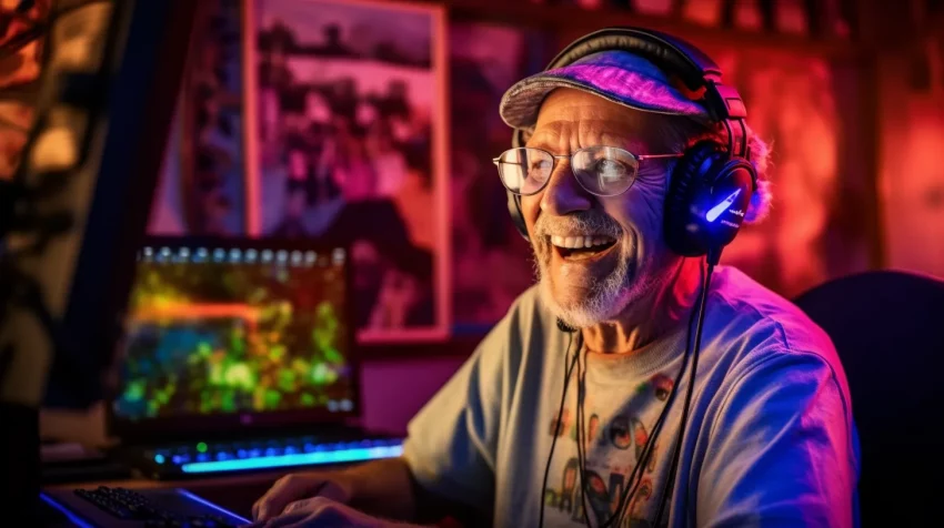 a senior citizen playing a game on a computer