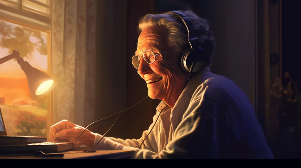 an elderly man with headphones on, on a video call