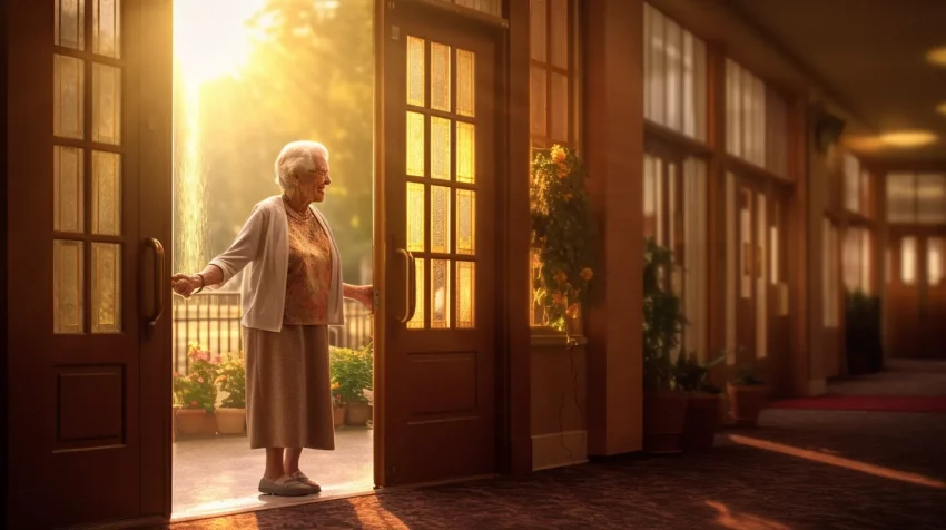 a woman opening the doors at a retirement home