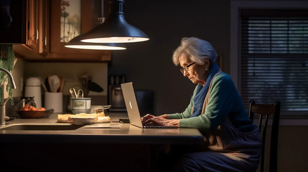 a senior woman working at a laptop