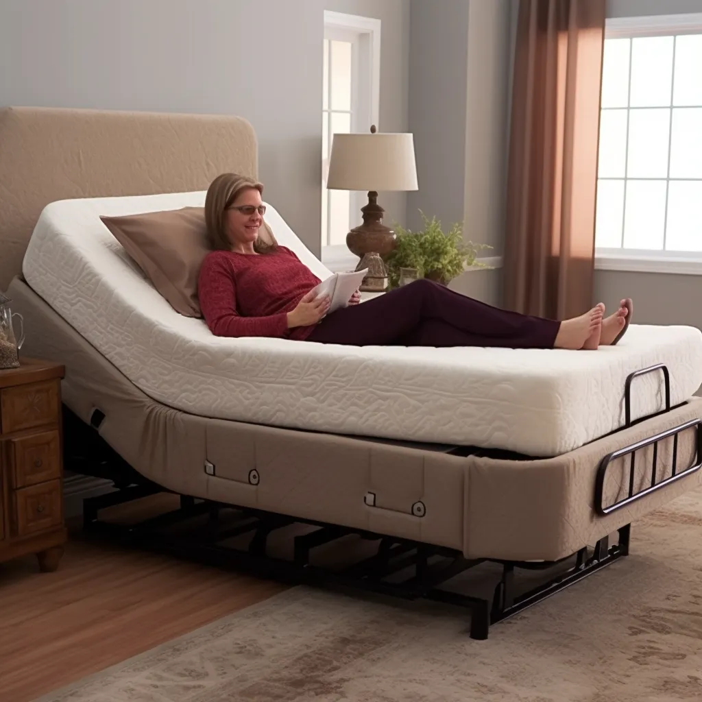 a woman laying on an adjustable bed