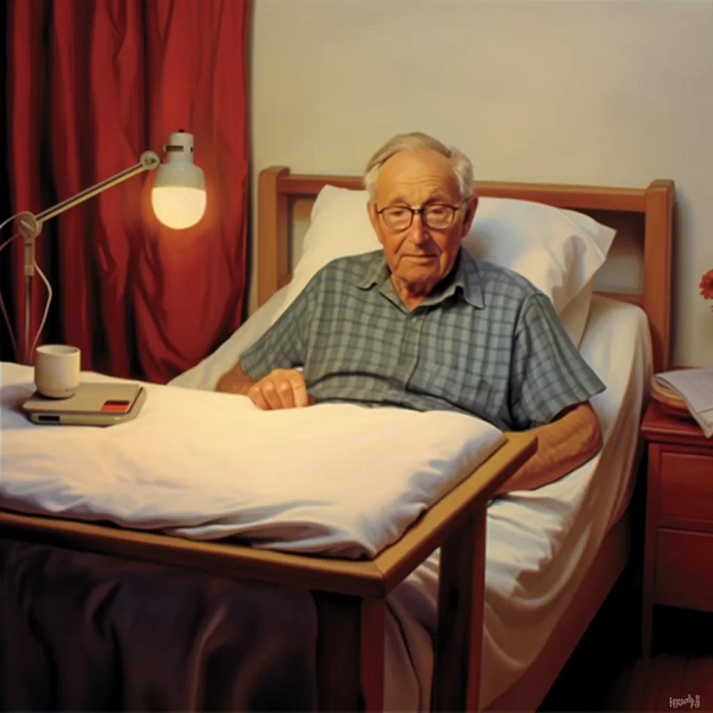 a man with an overbed table
