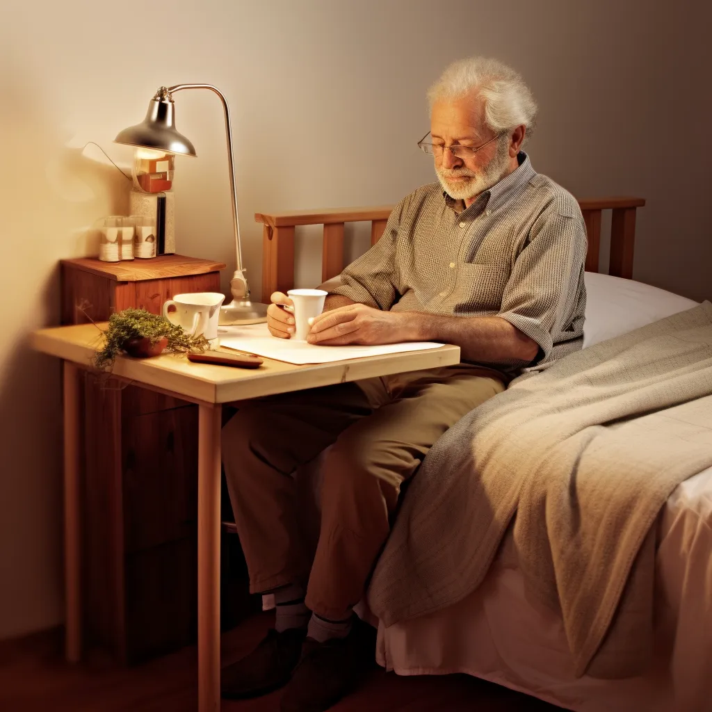 a man with an over bed table