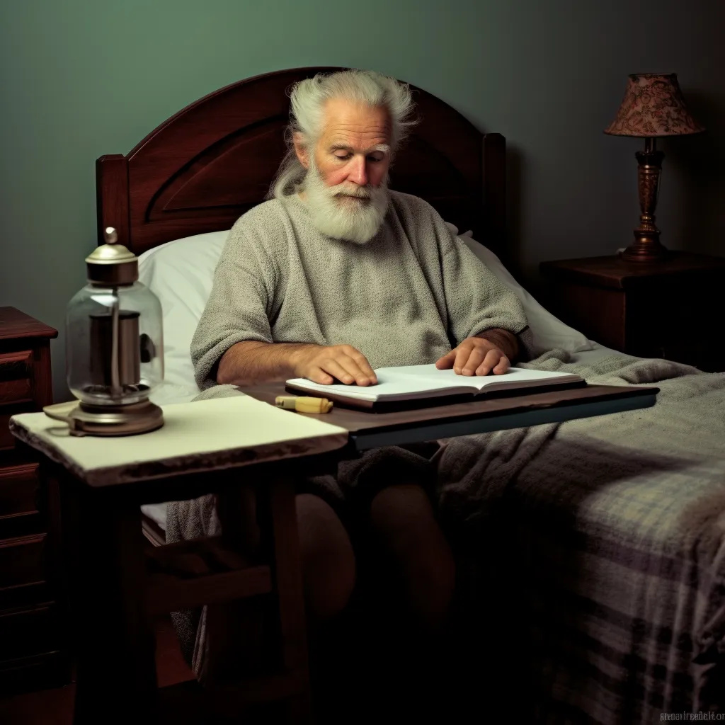 a man using an over bed table
