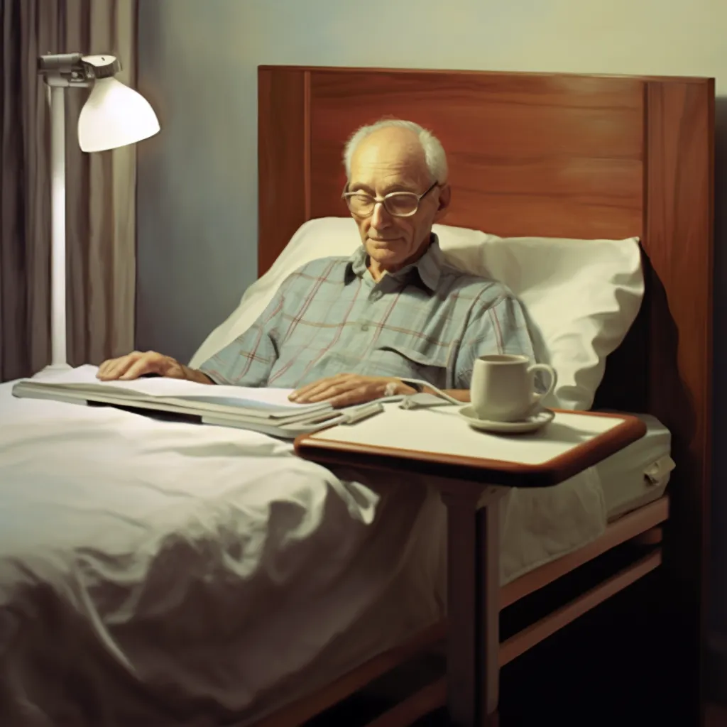 a man in bed with an overbed table