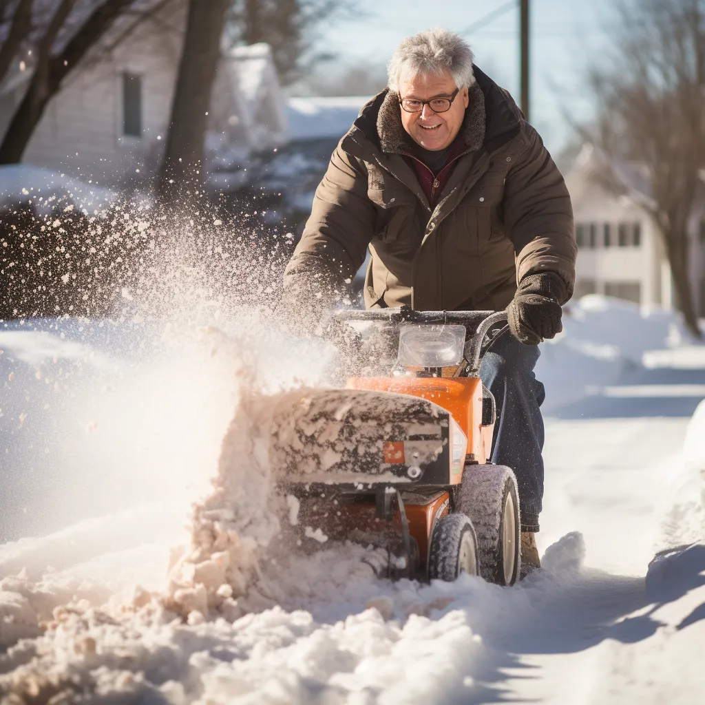 an elderly man trying snow blowers to clear his walk