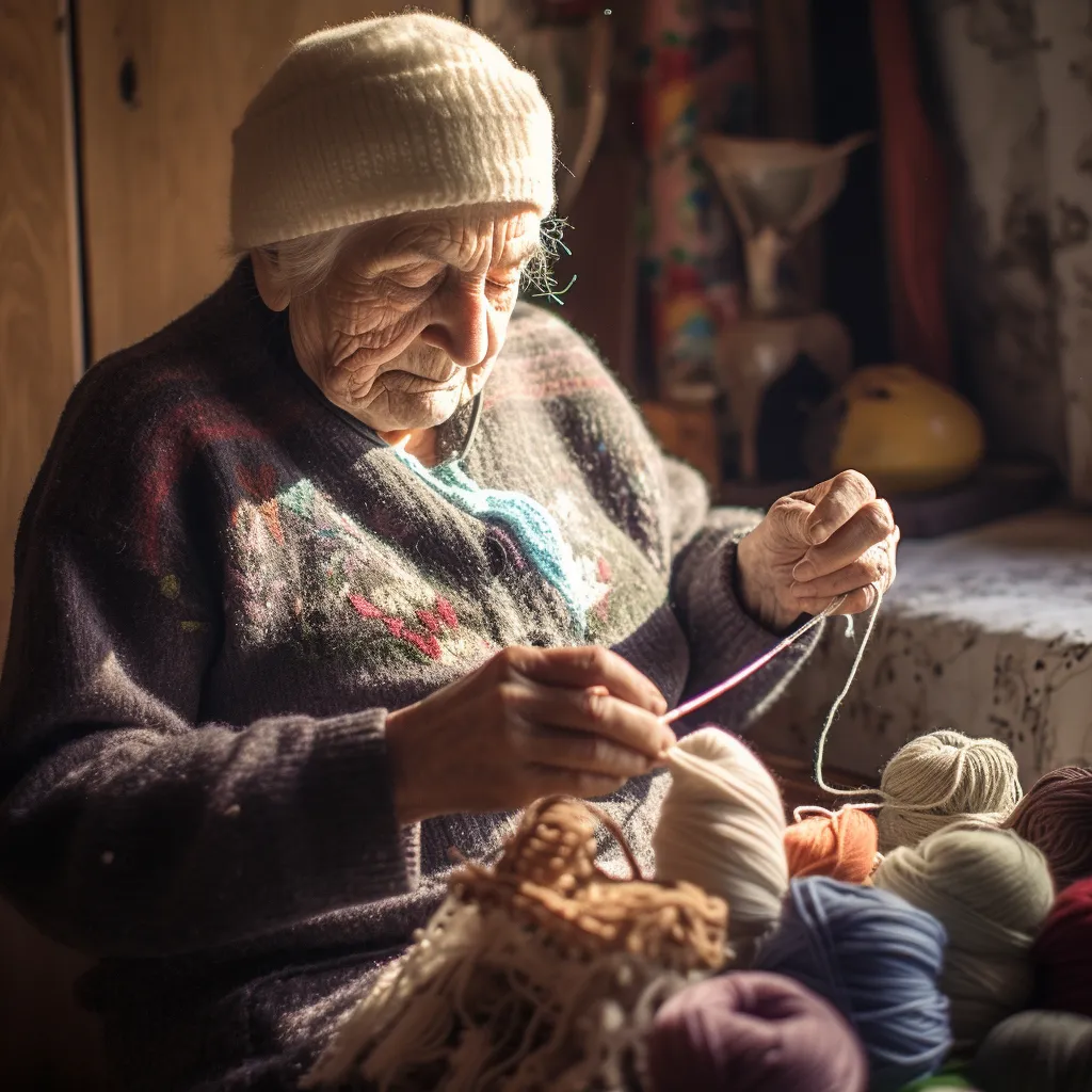 an elderly woman crocheting and picking yarn