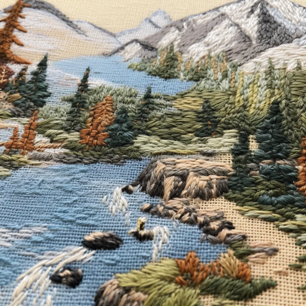 embroidery of the rocky mountains and a stream