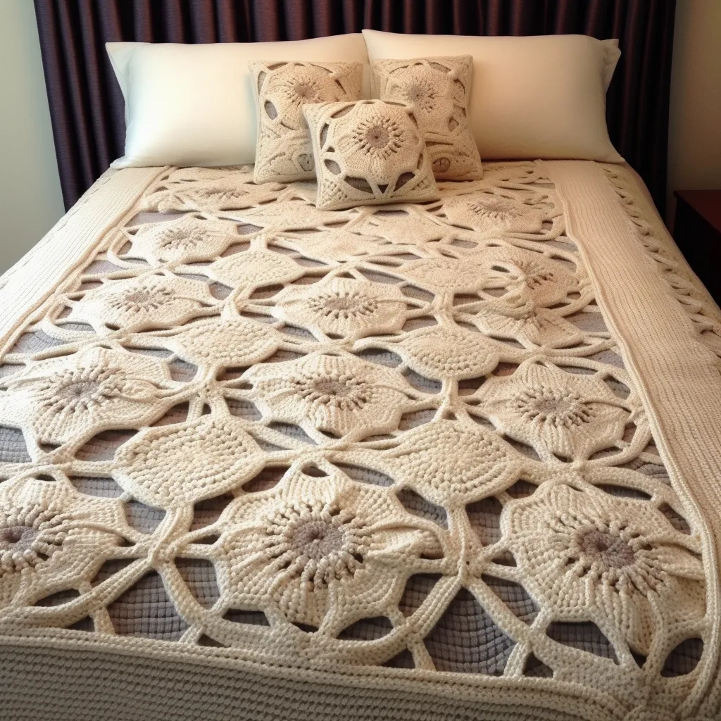 a bedspread with heavy crochet work including pillows