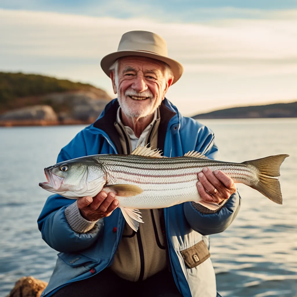 an elderly man holding up his catch