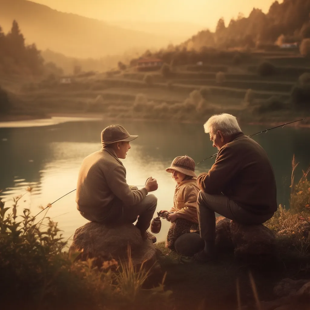 an elderly man teaching boys to fish