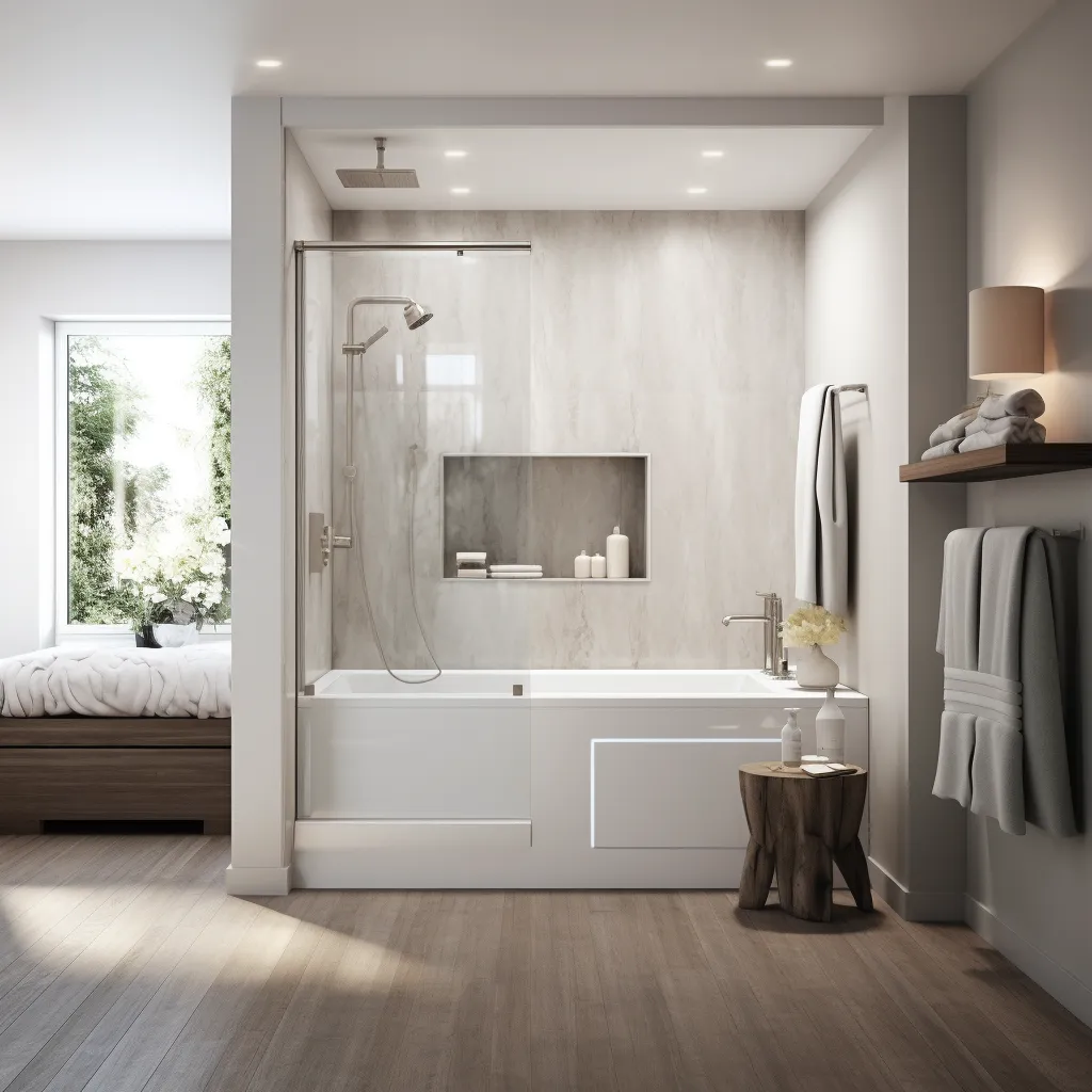a bathroom with a shower and tub