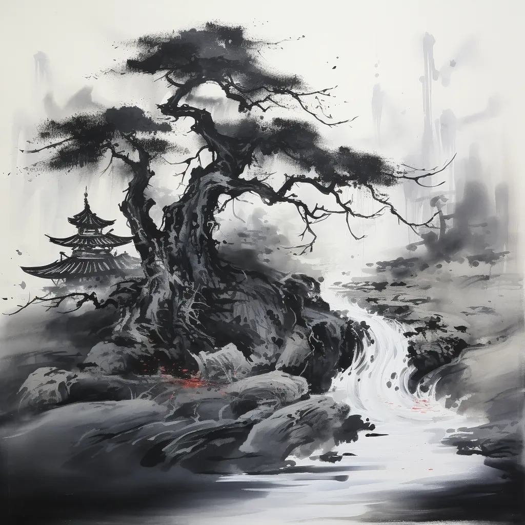 a sumi-e style japanese ink-wash painting