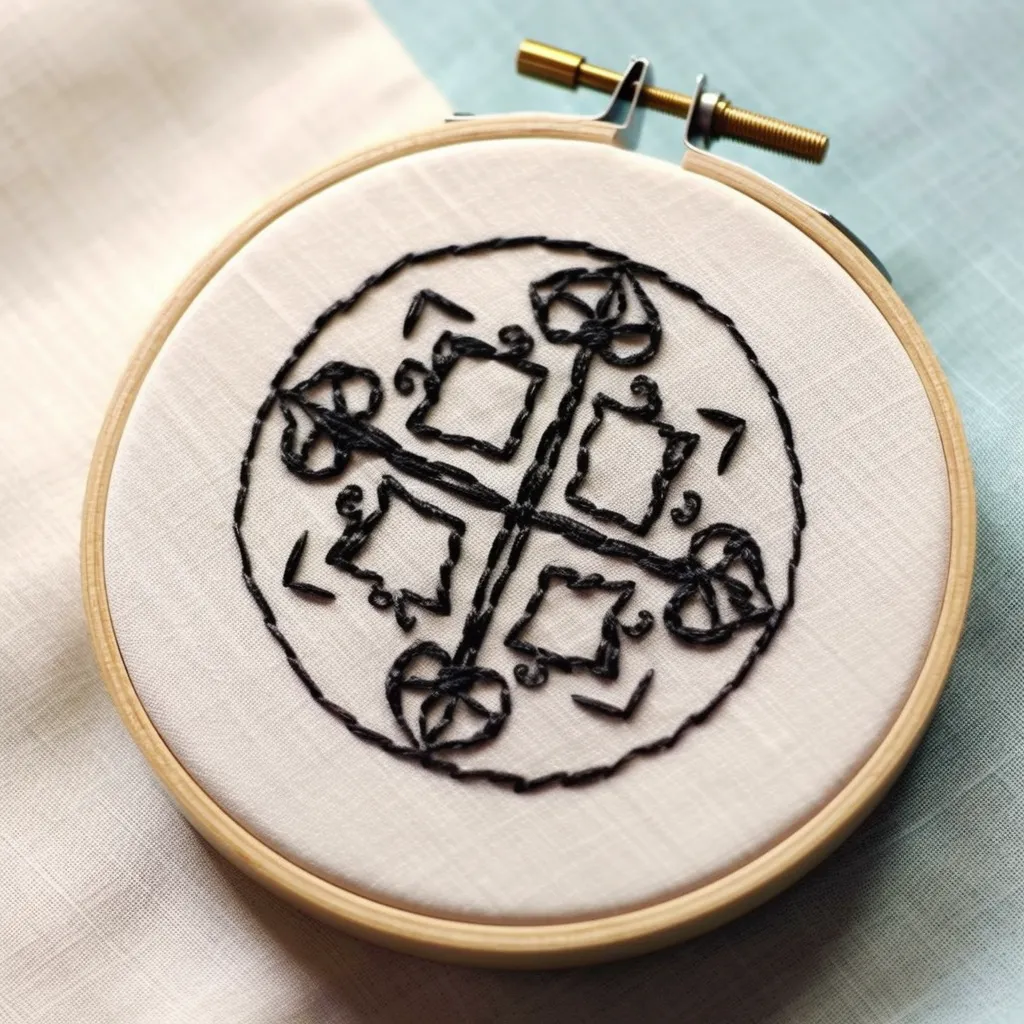 a blackwork embroidery piece in a embroidery hoop