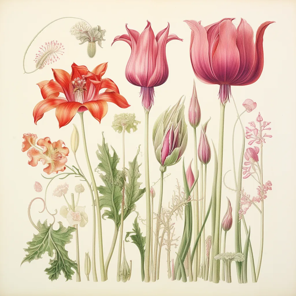 botanical illustration of flowers flowers in various stages of bloom