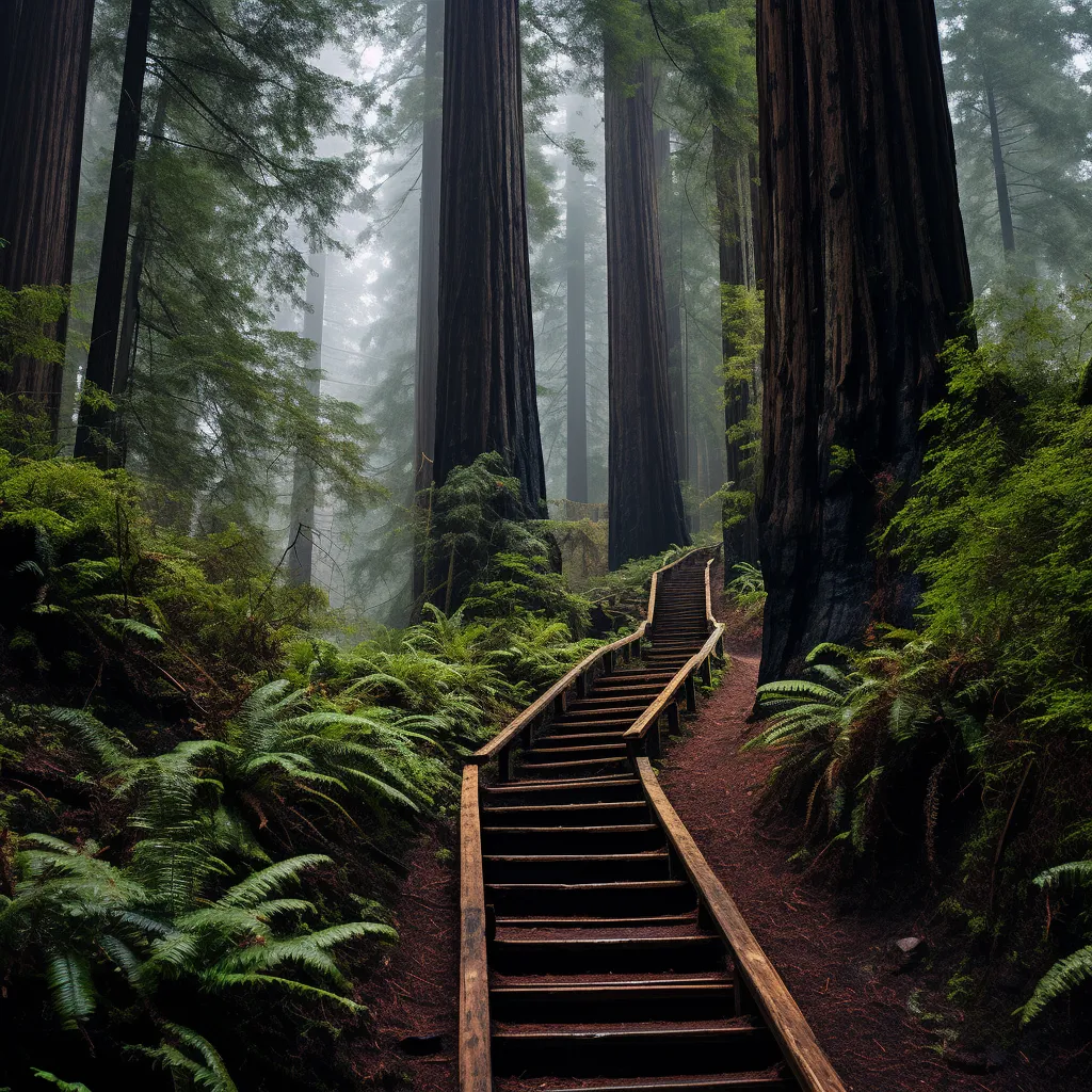 a staired path going through redwoods